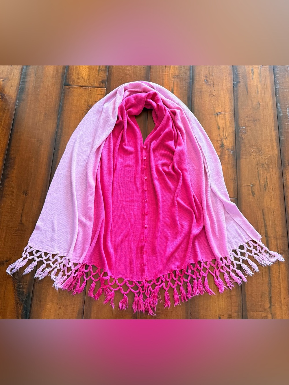 Pink Ombre Fringe Button Up Knit Shawl Scarf
